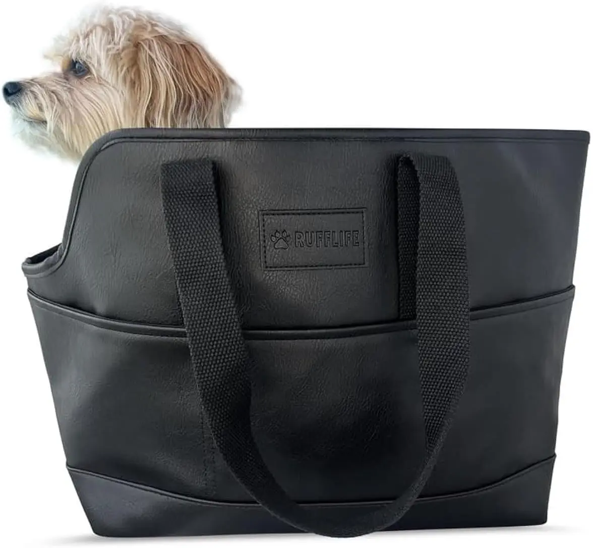 

Luxury Dog Purse Carrier - Black Faux Leather Pet Carrier, Secure Harness Clip, Tote Bag for Small Dogs and Puppies