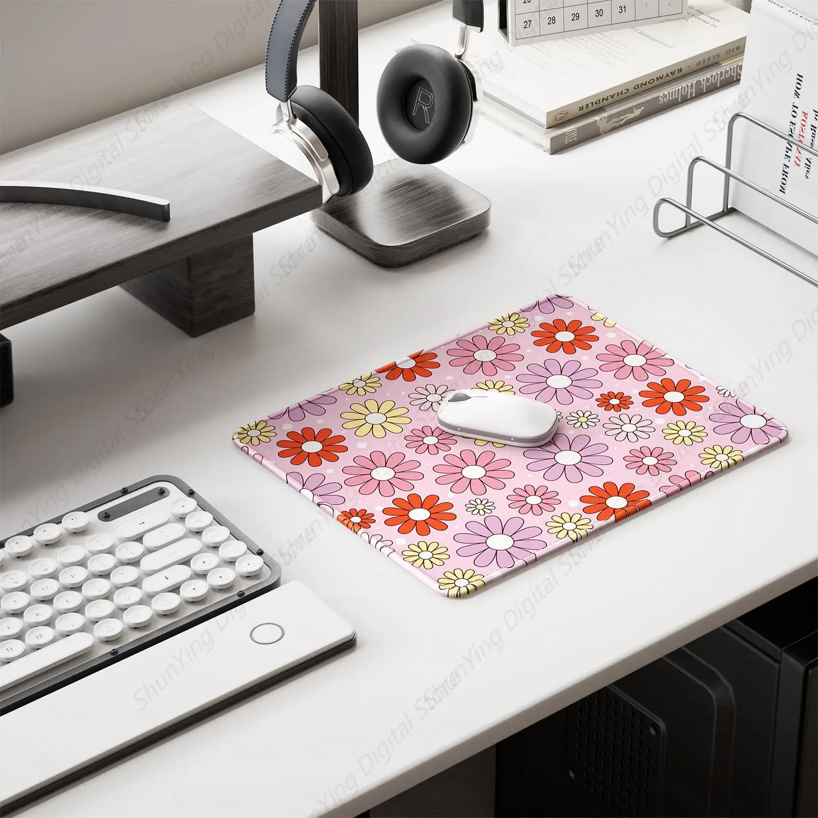 Mouse pad quadrado com padrão de flor vermelha e rosa, mouse pad de borracha antiderrapante e durável, adequado para trabalho de jogos e uso de escritório