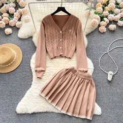 Chic Two-piece Sets Sweet V-Neck Long Sleeve Single Breasted Basics Coat Vintage A-line Skirt High Street Women Autumn Clothing