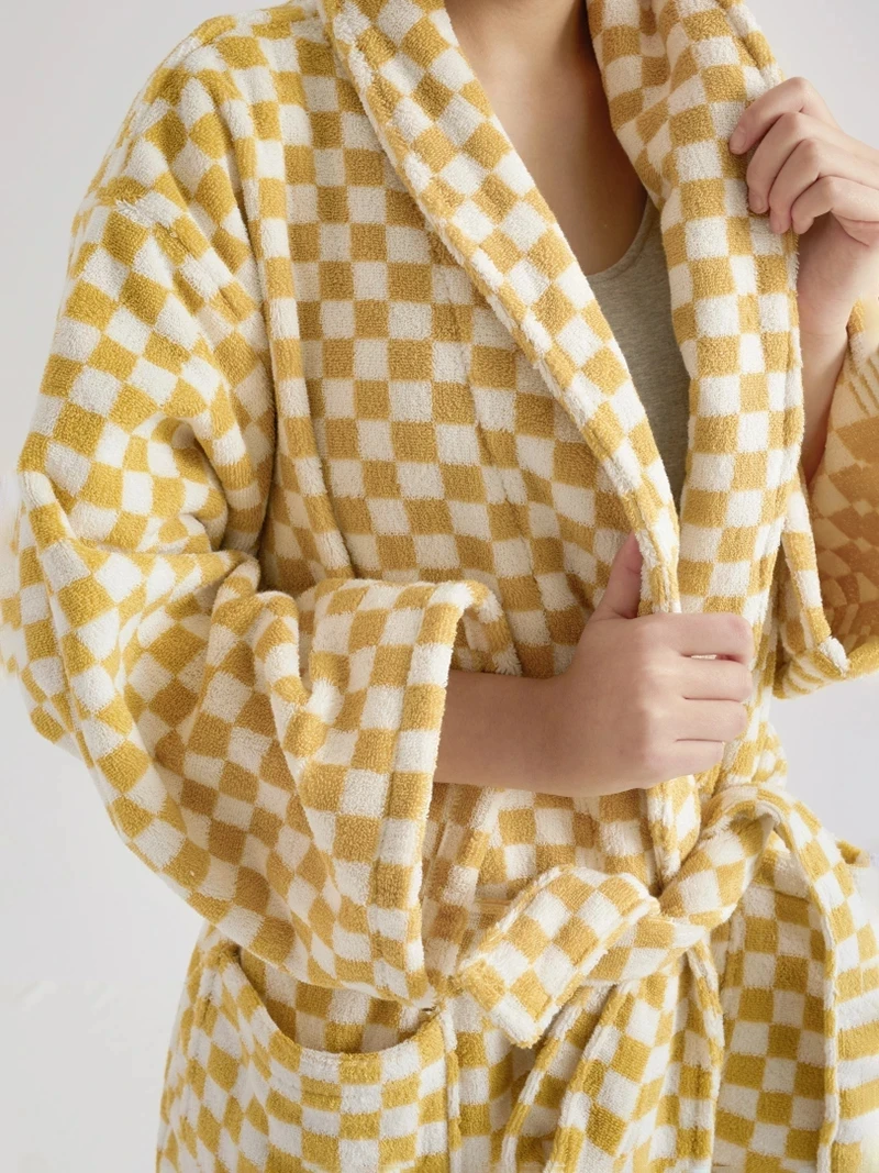 Unisex Retro Checkerboard Cotton Bathrobe Women Casual Robe V Neck Soft Sleepwear Kimono Warm Bath Robes Coat Towel Homewear