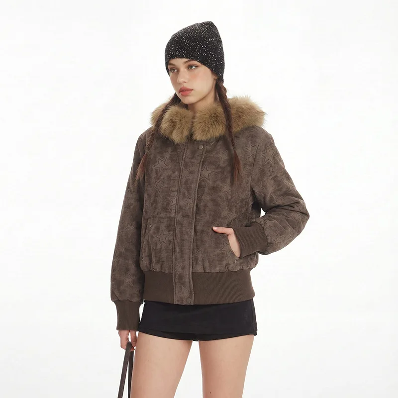 Women's Star Pattern Padded Jacket Faux Fur Collar Winter  Slim Fit Outerwear Vintage Streetwear Trendy Soft Cozy Female Coats