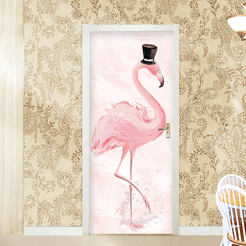 Tropical Pink Flamingo Door Sticker Poster Living Room Bedroom PVC Self-Adhesive Waterproof Wallpaper Creative Door Decor Decal