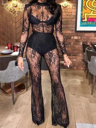 Sexy See Through Hallow Out Lace Jumpsuit Women Long Sleeve Skinny Party Club One Piece Jumpsuits