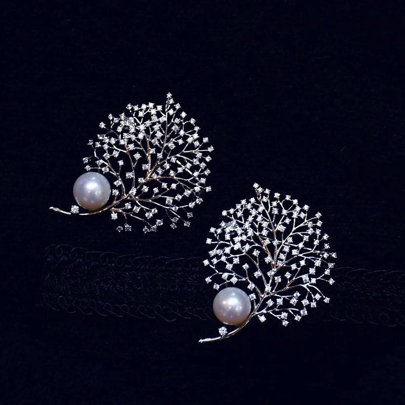

Natural Freshwater Pearl Brooch, Full Zirconia Embellished Silver Floral Pin, Elegant Botanical Jewelry