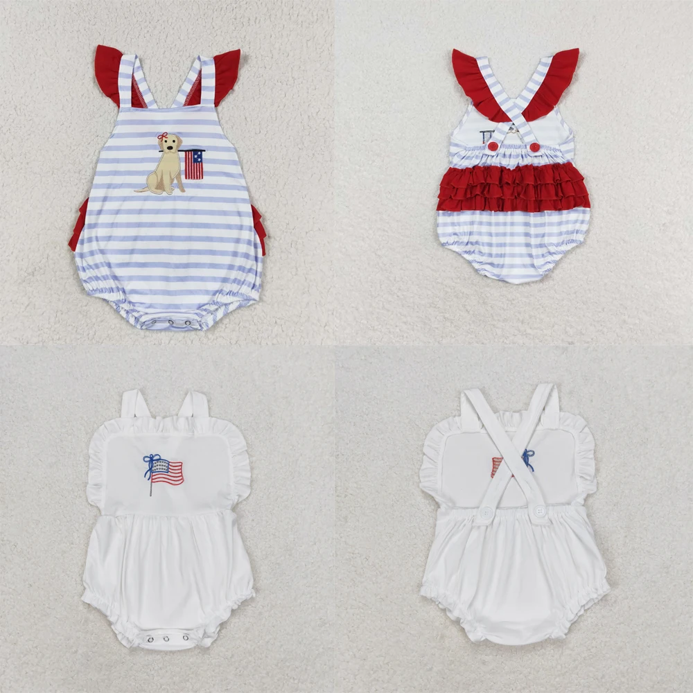 Wholesale 4th of July summer baby boys clothes rompers newborn toddler Embroidered puppy flag striped red lace vest onesies