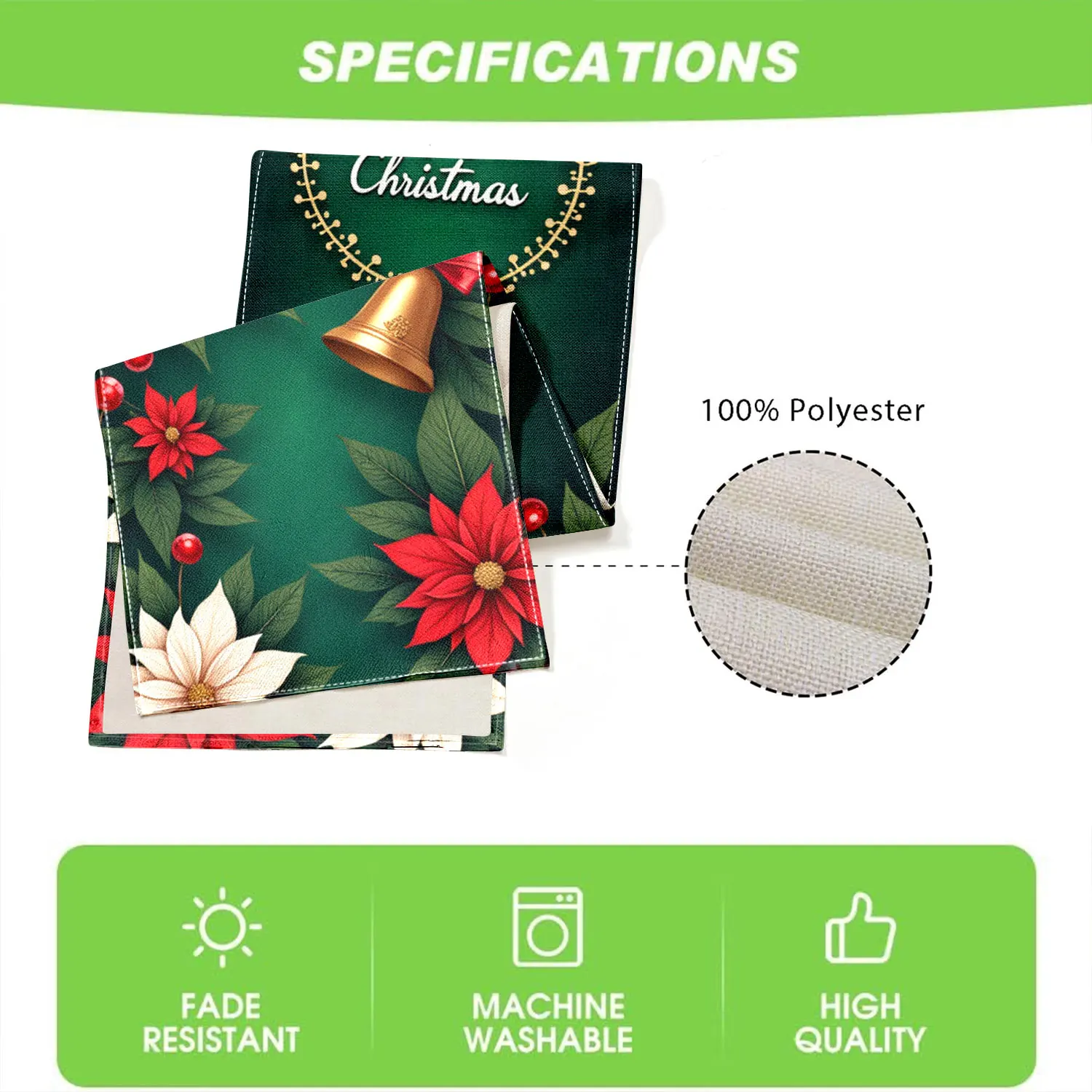 قطعة واحدة من مفرش طاولة بطابع عيد الميلاد، تتميز بونسيتيا وأجراس وأنماط زهور، مناسبة لحفلات عيد الميلاد وديكور المنزل في العطلات #6