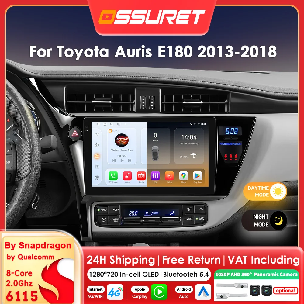 2DIN 6115 Octa Core Android Autoradio für Toyota Auris E180 2013 - 2018, kabelloses Carplay für Apple Multimedia Video Player, 360-Grad-Kamera, RDS, DSP, Head Unit, 4G Wifi, Bluetooth, Bildschirm