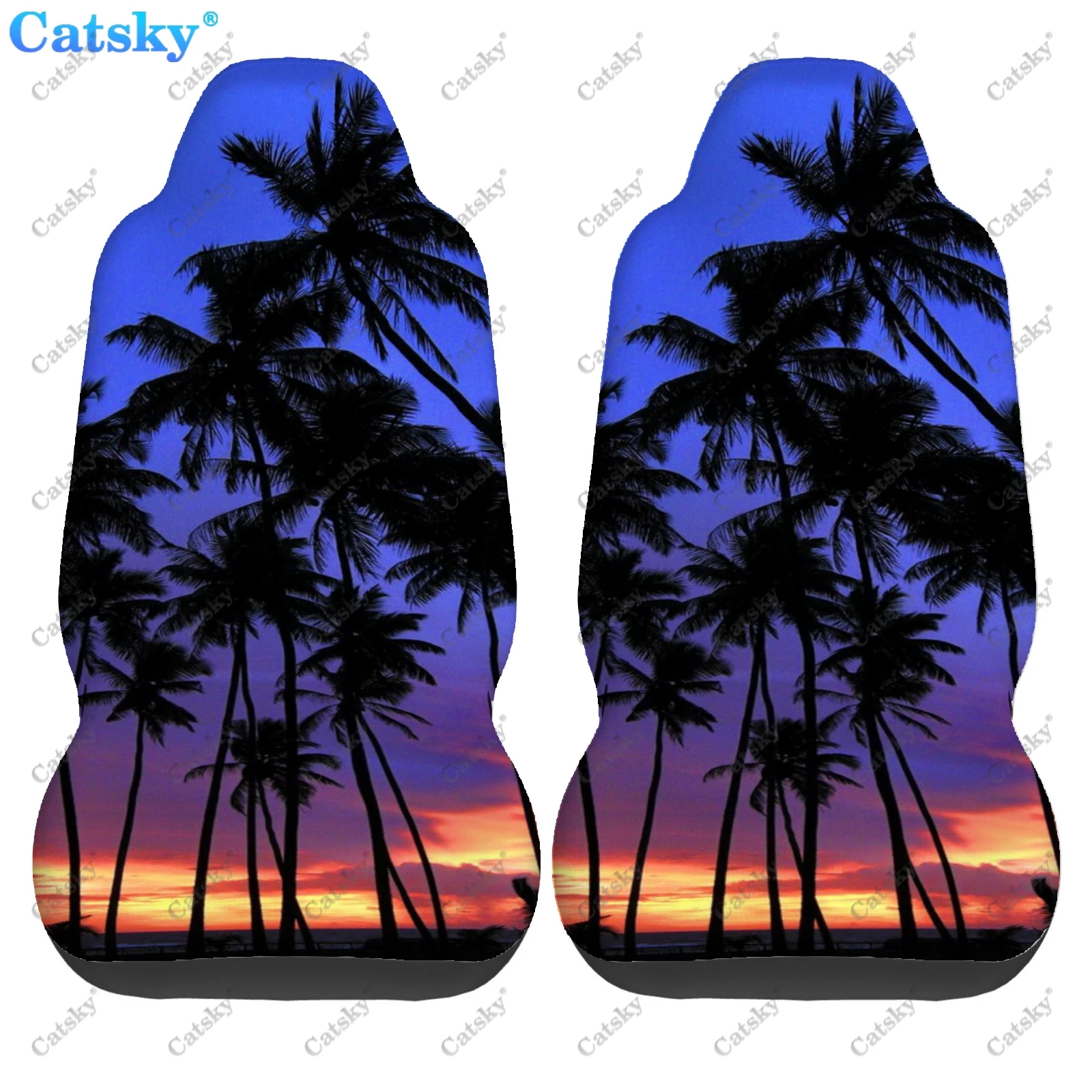 Sunset Palm Tree Blue Beach Print Car Front Seat Decoration Cover Car Seat Cover,Pack of 2 Universal Front Seat Protective Cover