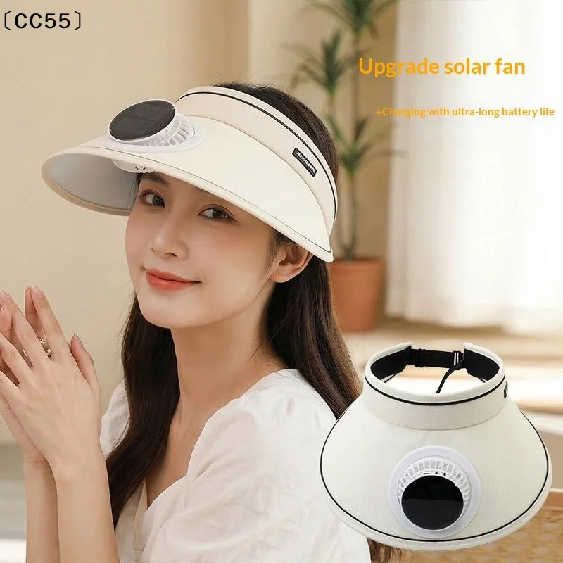 Wide Brim Sun Hat With Fan Breathable Solar Powered Fan Outdoor Visor Hat Empty Top Sunshade Beach Sunshade Hat Women〔CC55〕