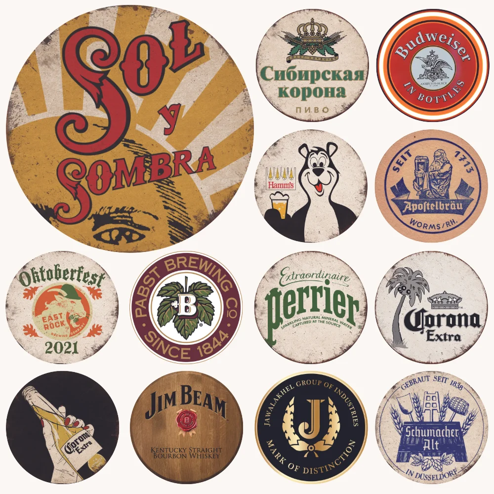 20CM/30CM Vintage Beer Round Metal Tin Sign Posters Retro Wall Art Hanging Plates For Pub Bar Club Man Cave Home Decoration