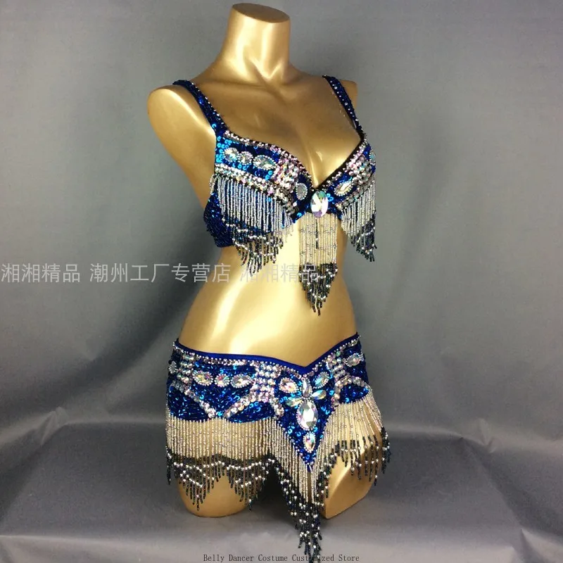 Customized Sexy Adult Belly Dance Performance Uniform Handmade Sequin Set Bellydance Costume Samba Carnival Costumes Bra Belt
