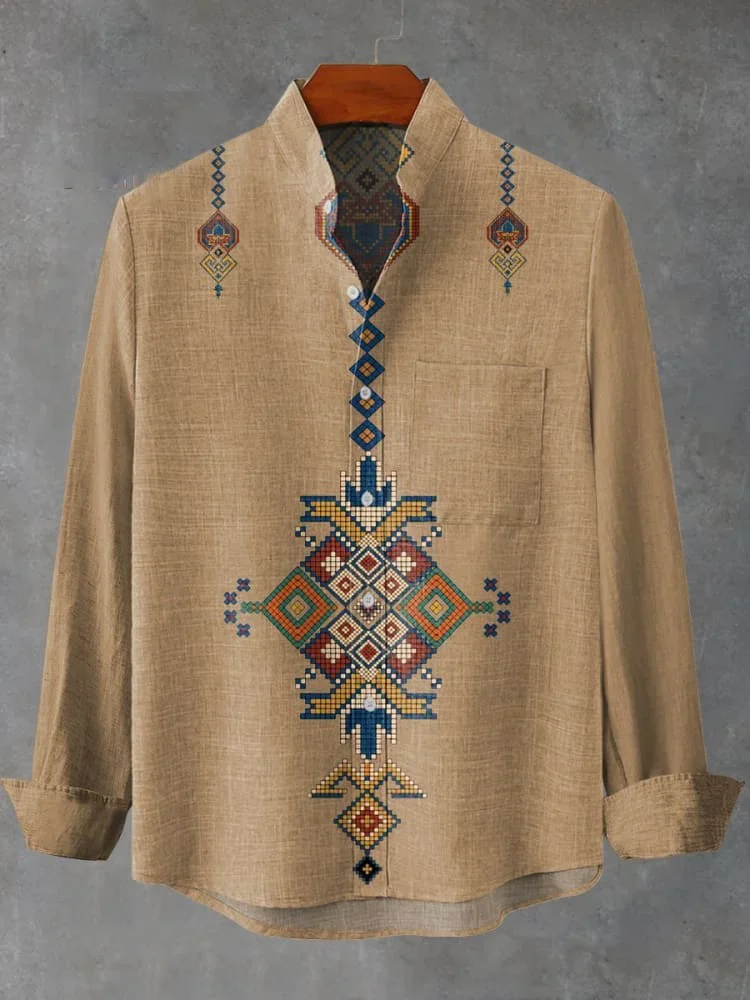 

2025 New Men's Linen Long Sleeve Shirt Retro pattern fashion casual top