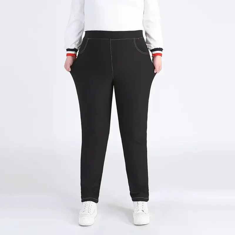 140KG Fleece Red Plus Size Women Pants Elegant Trousers 9XL 7XL 5XL 4XL Autumn Winter Oversized Stretched Pencil Warm Clothes