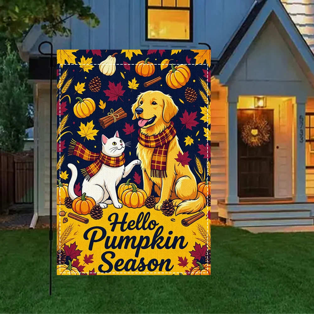 1PC Hello Pumpkin Season Dog and Cat Garden Flag, Duplex Print, Perfect for Patio and Outdoor Fall Decor (Pole Not Included)