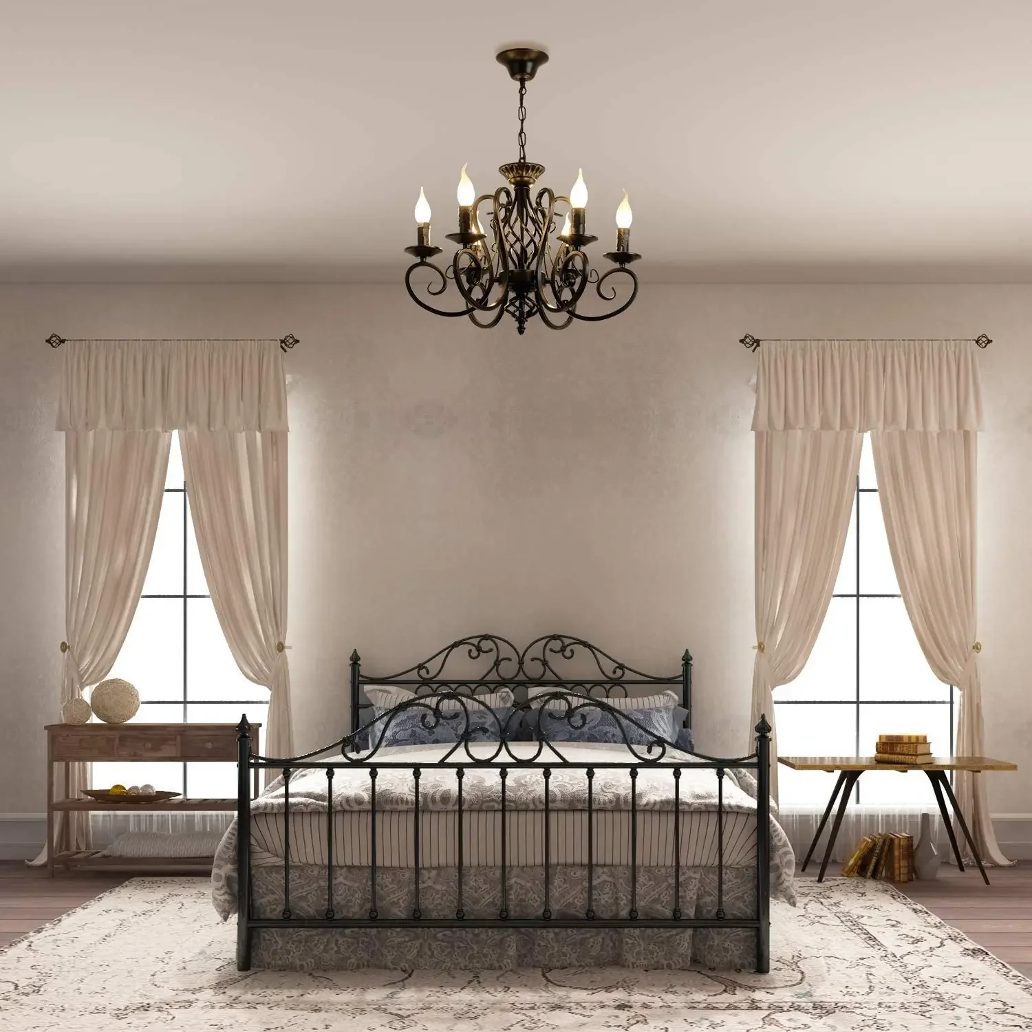 أسود 6-Light البلد الفرنسي الثريا خمر المعادن مزرعة شمعة الحديد قلادة تركيب المصابيح لجزيرة المطبخ #3