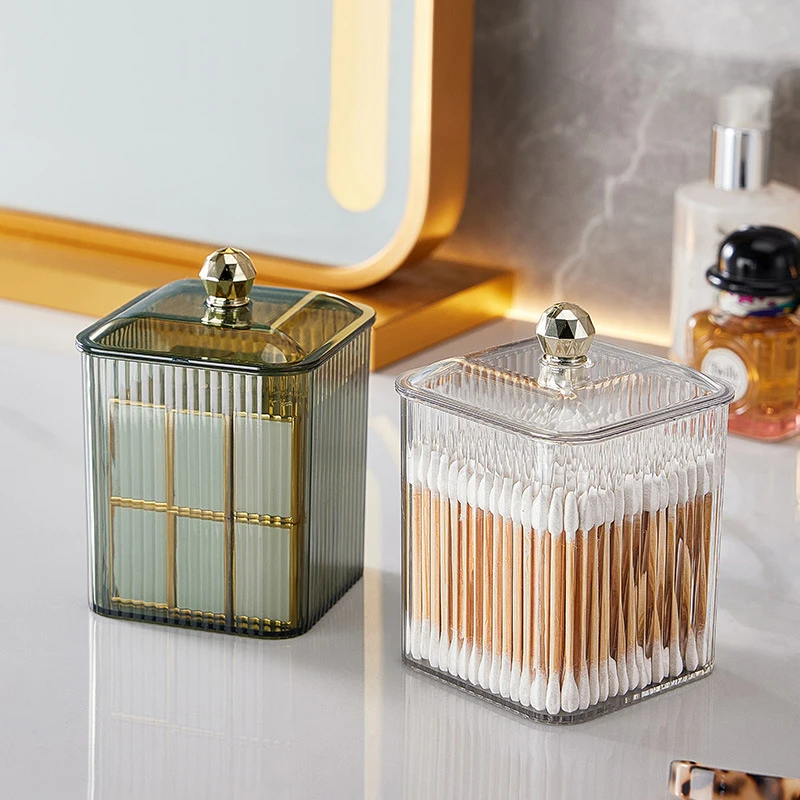Caja de almacenamiento de algodón transparente, organizador de lápiz labial de maquillaje de escritorio con tapa, joyero a prueba de polvo, estuche para hisopo de baño