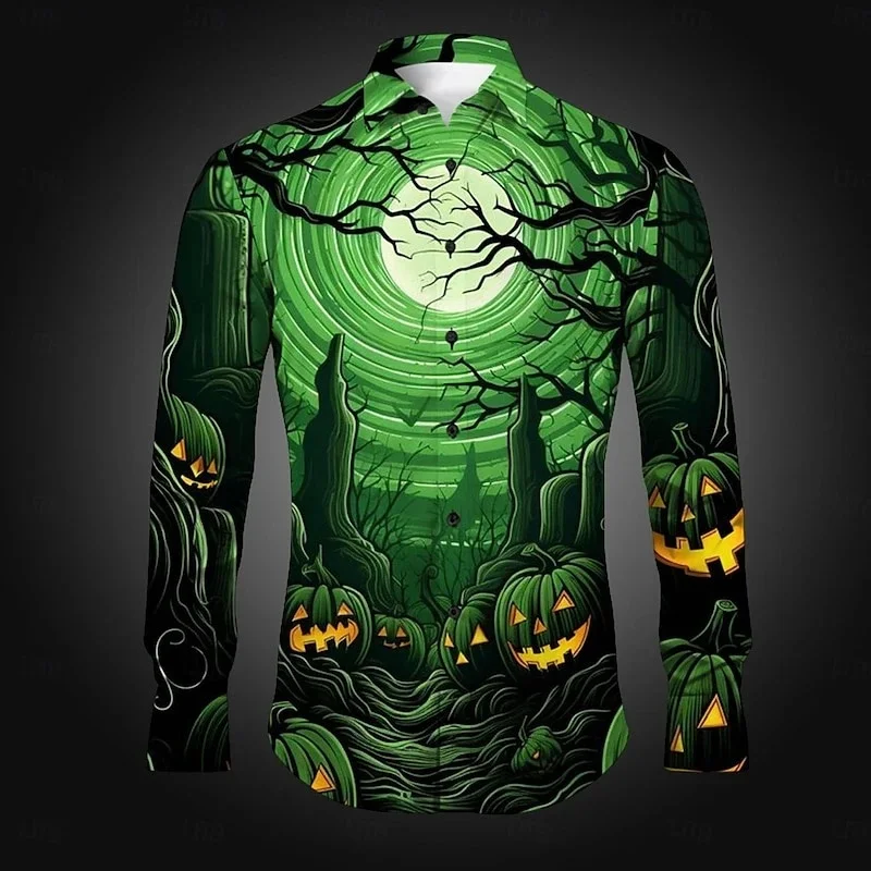 Halloween Evil Pumpkin Head 3D Print Men's Long Sleeve Shirts Fashion Button-Down Tops Autumn New Men's Casual Lapel Shirts