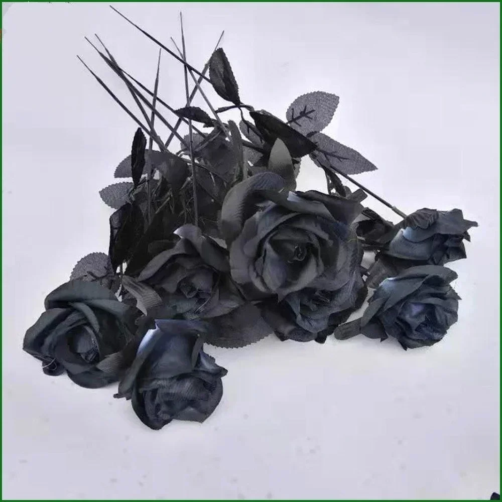 10 unids/set ramo de rosas negras artificiales Halloween simulación casera rosa negra flor falsa Par de boda