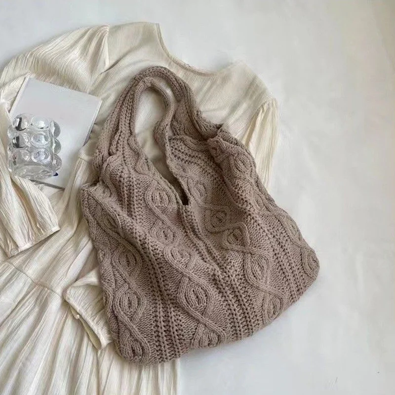 

Wool Large Knit Bag Shoulder Shopping Bag for Women Vintage Cotton Cloth Girls Tote Shopper Bag Large Female Handbag Crochet Bag