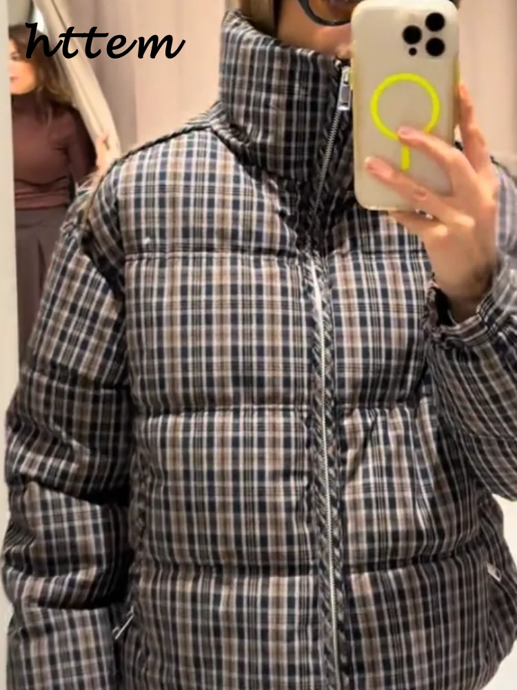 

Street Contrast Color Plaid Jacket Women Stand Collar Full Sleeve Zipper Pockets Coat 2025 Winter 2026 Spring Lady Chic Jackets