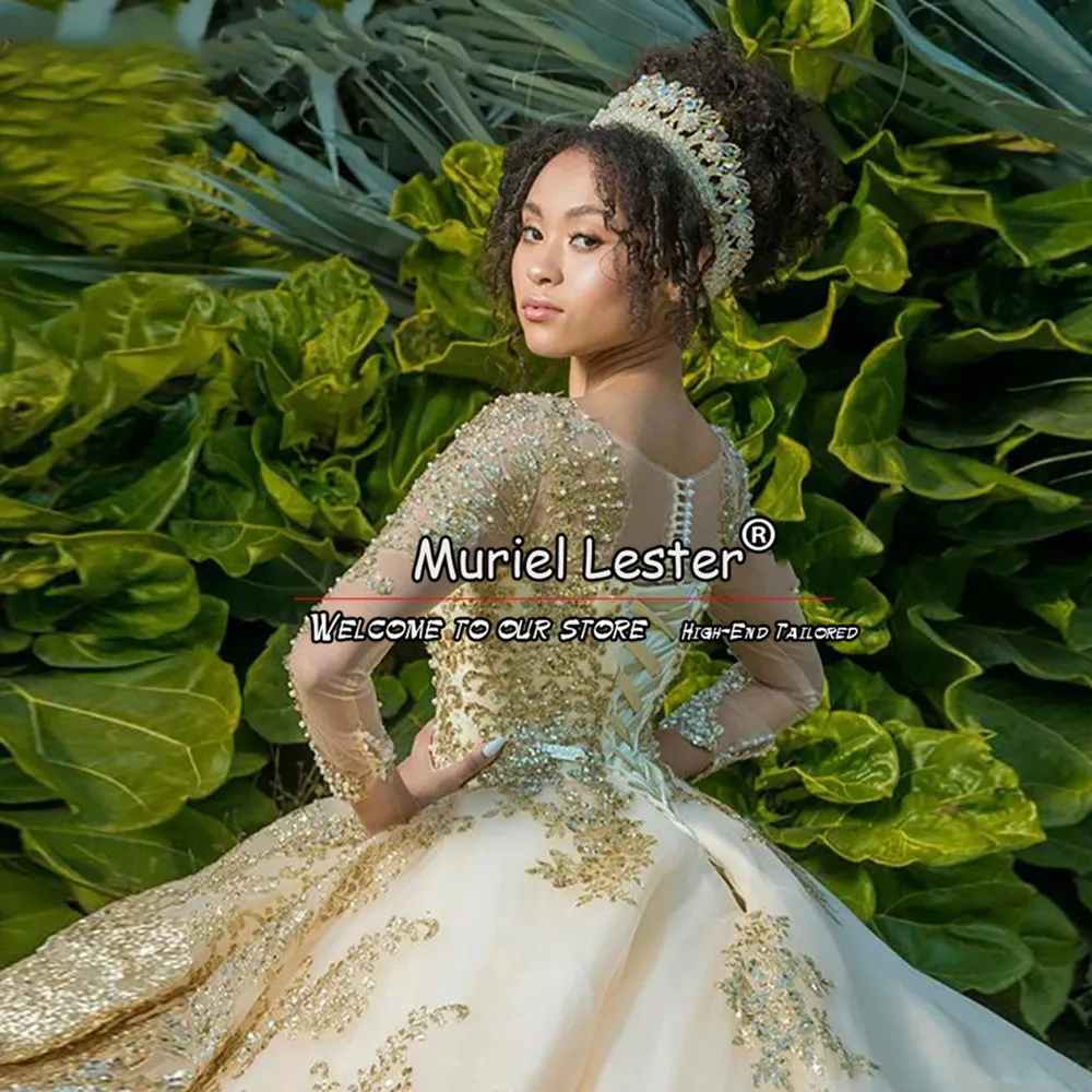 Gold Appliques Ball Gown Quinceanera Dresses For Graduation Long Sleeves Beaded Banquet Women Clothing Tailor-Made Female Dress