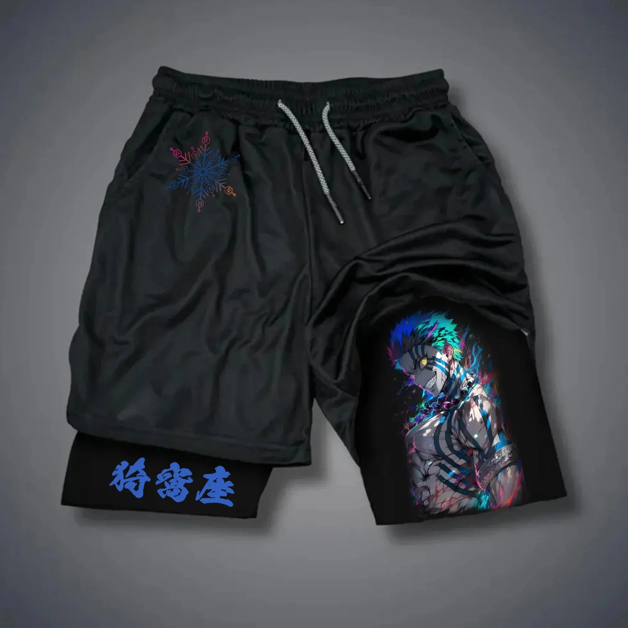 Demon Slayer Anime Collaboration Pantalones cortos de doble capa para hombres y mujeres en verano 2025 Y2K Nuevos pantalones cortos deportivos 2 en 1 para entrenamiento de gimnasia