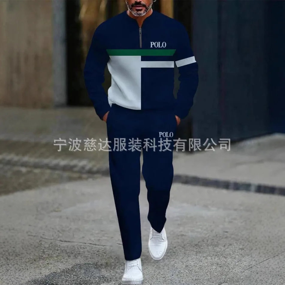 2025 New European and American Amazon Style Men's Sports Set with Half open Placket Zip Pullover  Casual and Fashionable