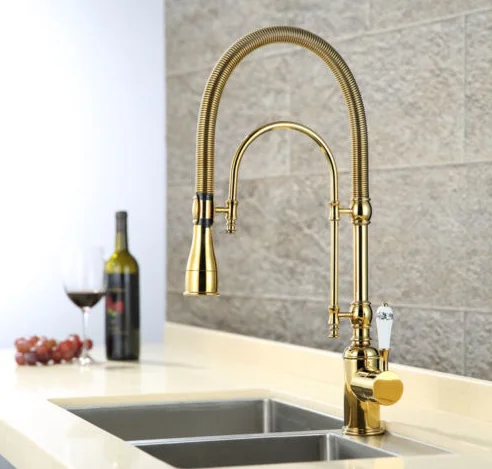 Brass Body Cold and Hot Mixer Spring Royal Brass Gold Kitchen Faucet