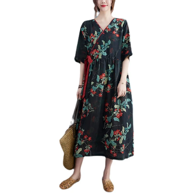 Ele Cotton Linen Print Dr Women's Waist Cinched Slimming Midi Vintage Flax Print Dr Summer Commute Artistic Sle