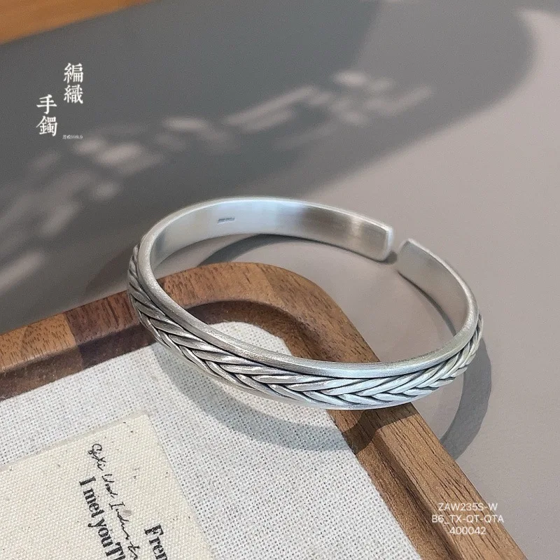 

999.9 Woven Sand Surface Open Bracelet Handmade Silver Jewelry