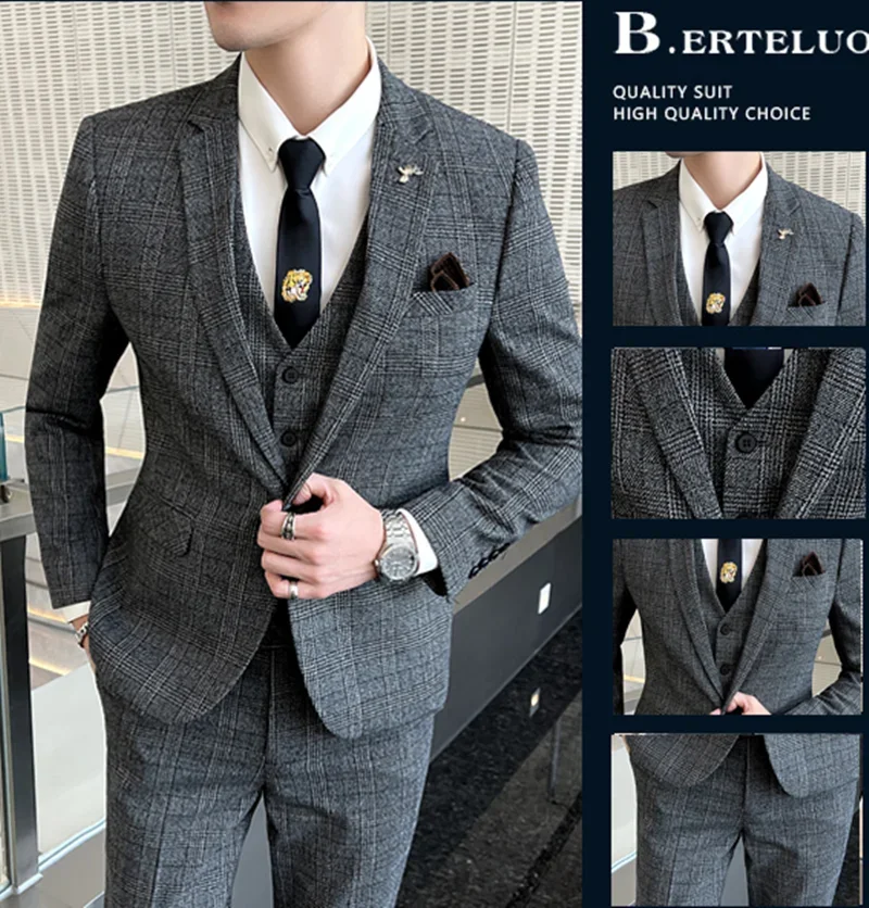 Checkered Suit (Blazer+Vest+Pants) Men's Fashion Hosting Work Business Wedding Casual Linen Art Style Elegant Gentleman's Suit