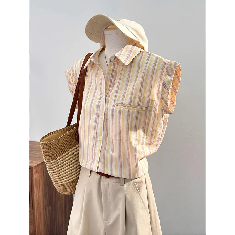 

Летний женский топ из хлопка и льна в полоску, свободного кроя, с воротником, стандартной длины, в корейском стиле