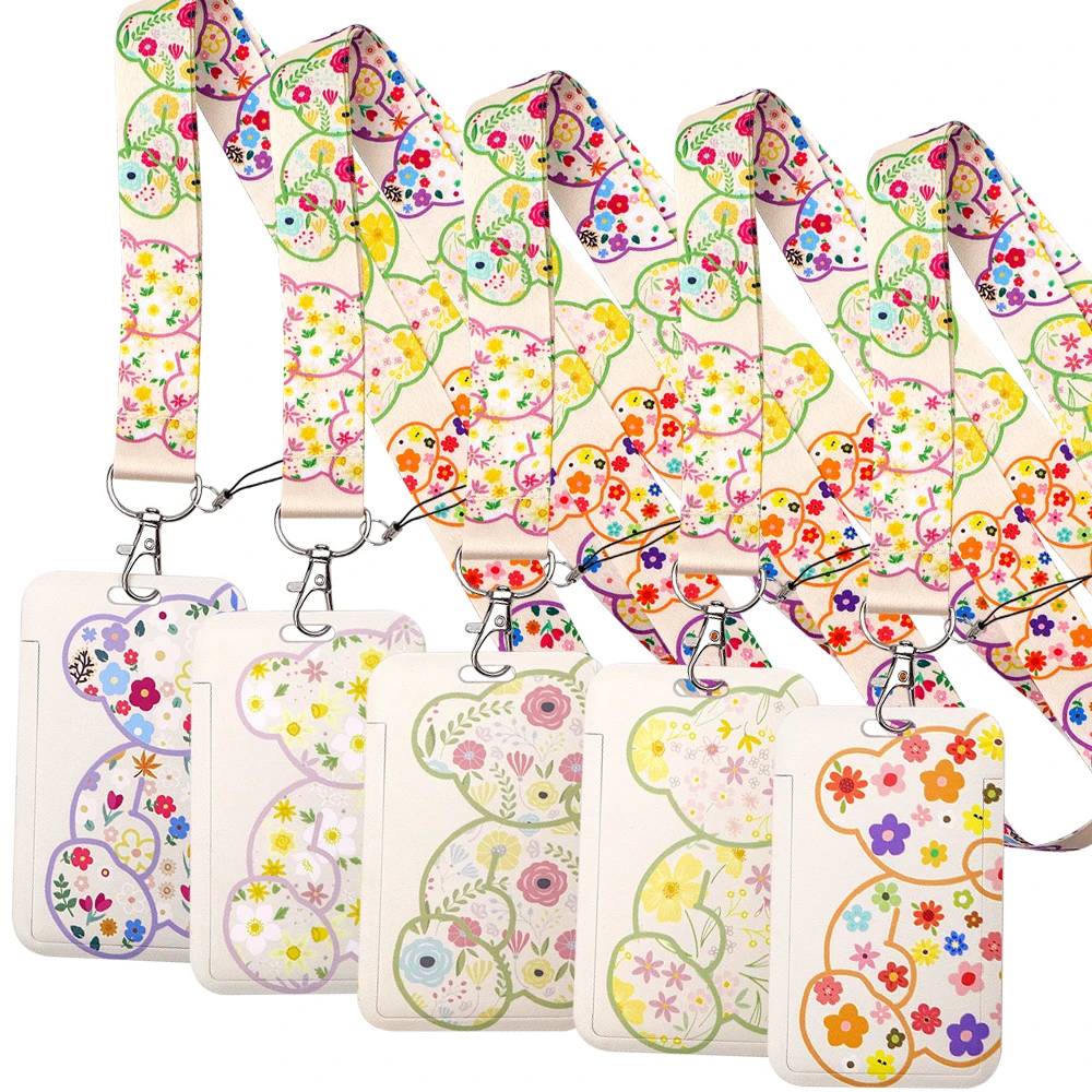 

Cartoon Bear Flowers Lanyard Keychain ID Credit Card Cover Pass Women Mobile Phone Charm Neck Straps Badge Holder Key Holder