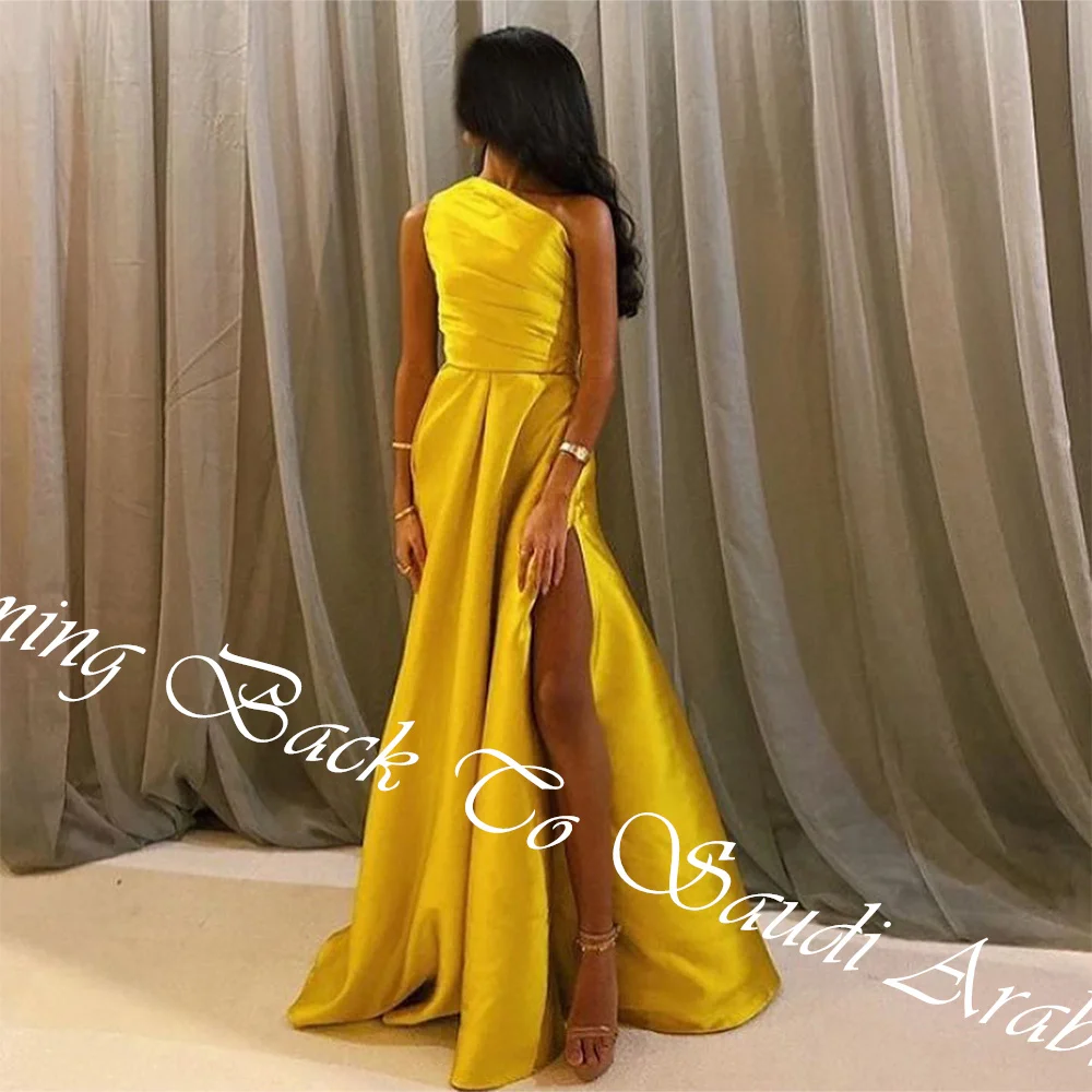 Customized  Exquisite Pleat Floor Length Side Slit A-Line Vestidos De Fiesta Satin Off The Shoulder Sleeveless Платье