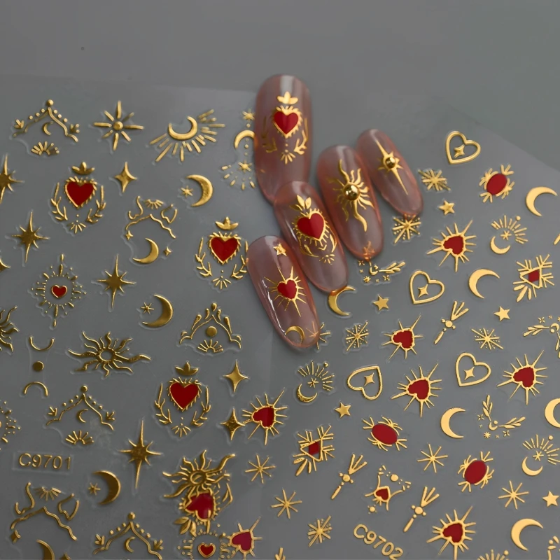 

12Pcs Red Heart Nail Stickers 3D Bronzing Silver Gold Star Moon Shape Metal Totem Slider Self-Adhesive DIY Nail Art Decoration