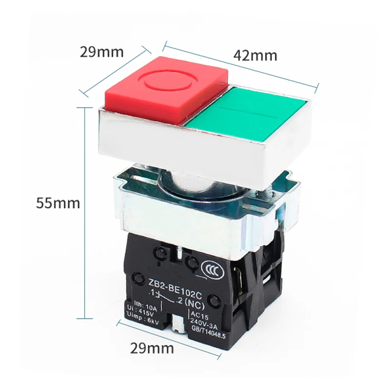 Push Button Switch Rectangle XB2-BL8425 Press Reset 1NO1NC Power Supply Start Opening 22MM Red-green Double Bond Switches