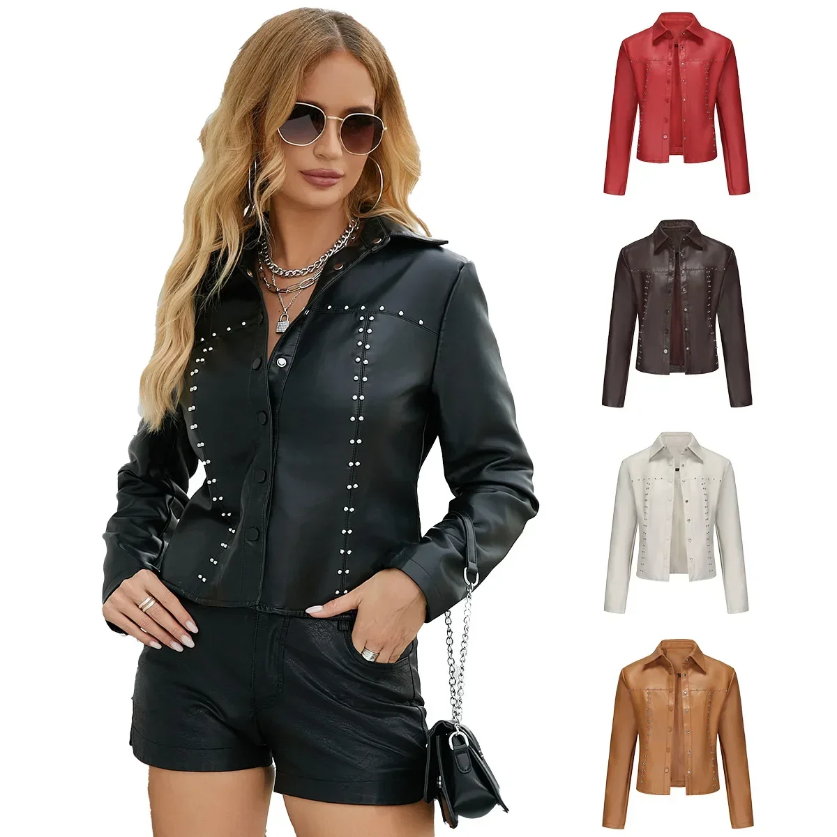 

2025 Women's Spring Autumn Leather Jacket Female Rivet Leather Jacket Women Cardigan Button Up Lapel Leather Outwear 2025 New