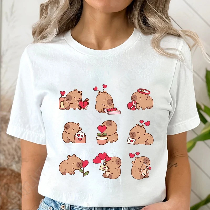 Cute Capibara Couple Matching T Shirt for Women Clothing Kawaii Graphic Tops Short Sleeve Tees Funny Female Aesthetic Clothing