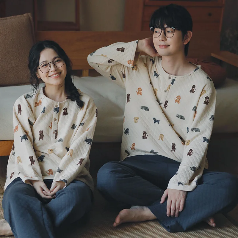 

Пижамы для пар из воздушного хлопка, мужские и женские, домашняя одежда, теплая зимняя верхняя одежда, с длинным рукавом, круглым вырезом горловины