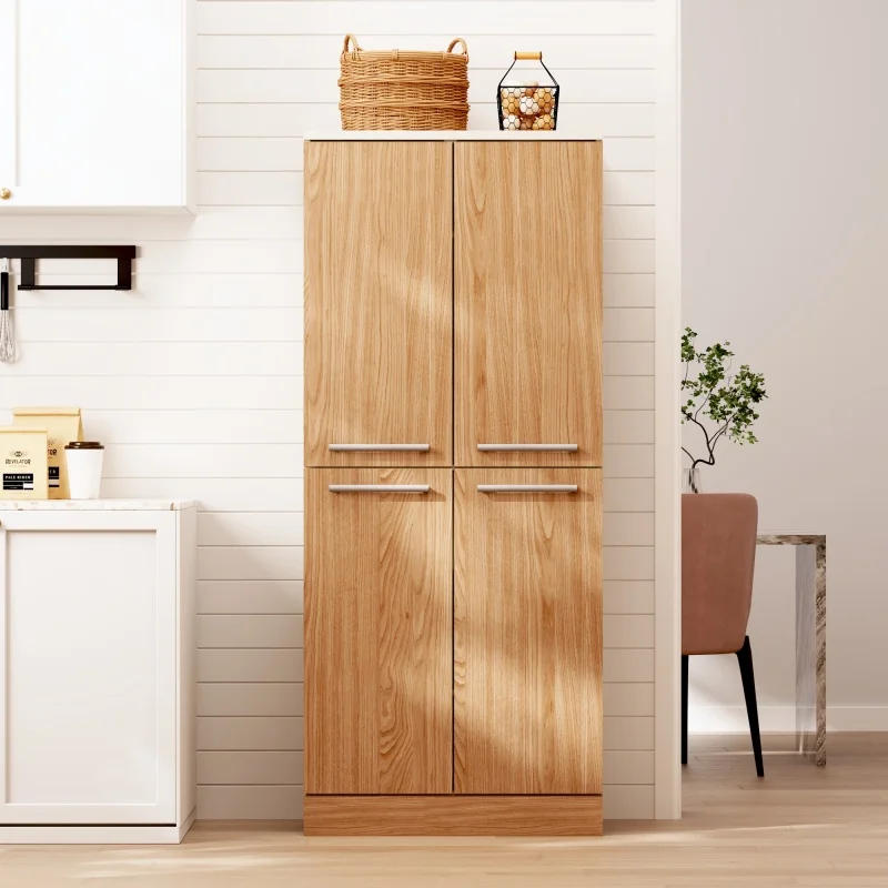 Armoire de cuisine, Meuble de rangement haut 4 portes, Armoire de rangement type réfrigérateur avec étagères réglables, Grand meuble de rangement avec poignées métalliques et système anti-chute, 76x42x180cm, Aspect chêne