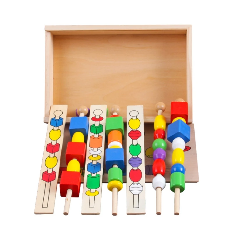 Wooden Bead Sequencing Set Block Kids Children Educational Gift