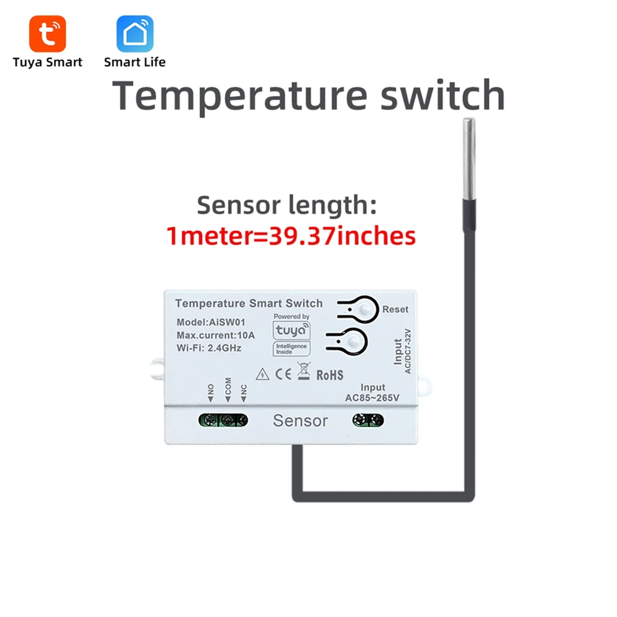AB53 Tuya WiFi Temperature Switch Sensor 2.4G WiFi Temperature Switch Sensor Smart Switch with 1M Temperature Probe