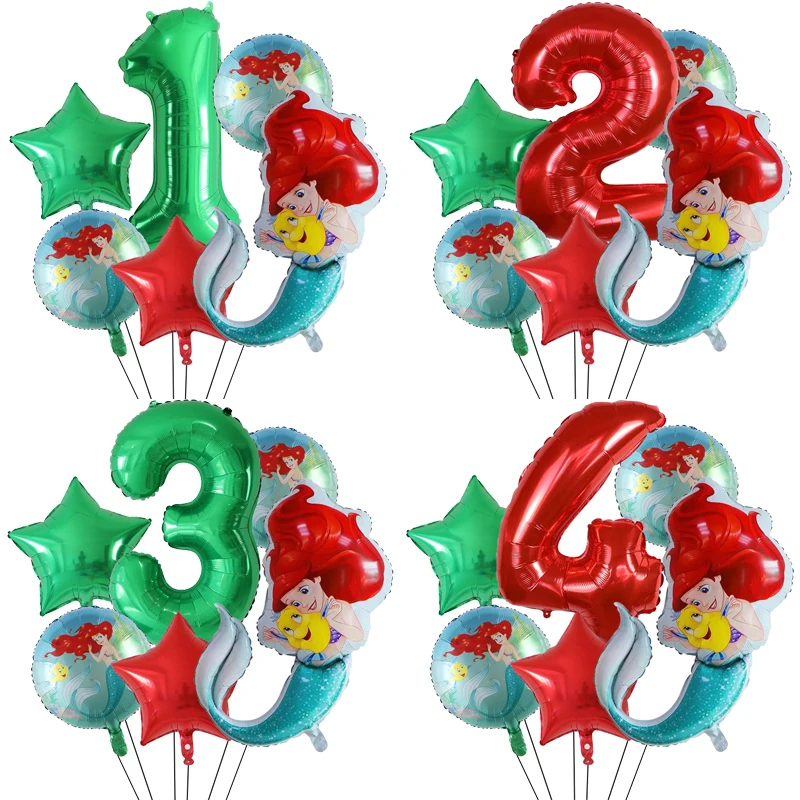 6Pcs Big Mermaid princess Balloon Set 32'' Number Foil Globos 1 2 3 4 5 6 Years Old Little Mermaid Girl Birthday Party Decoratio