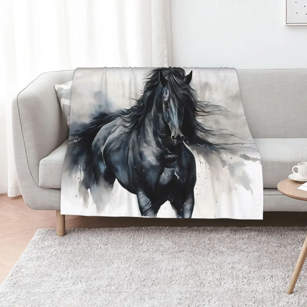 Graceful Power: Friesian Horse in White Throw Blanket Softest Single Decoratives Hair Extra Large Throw Sofa Throw Blankets