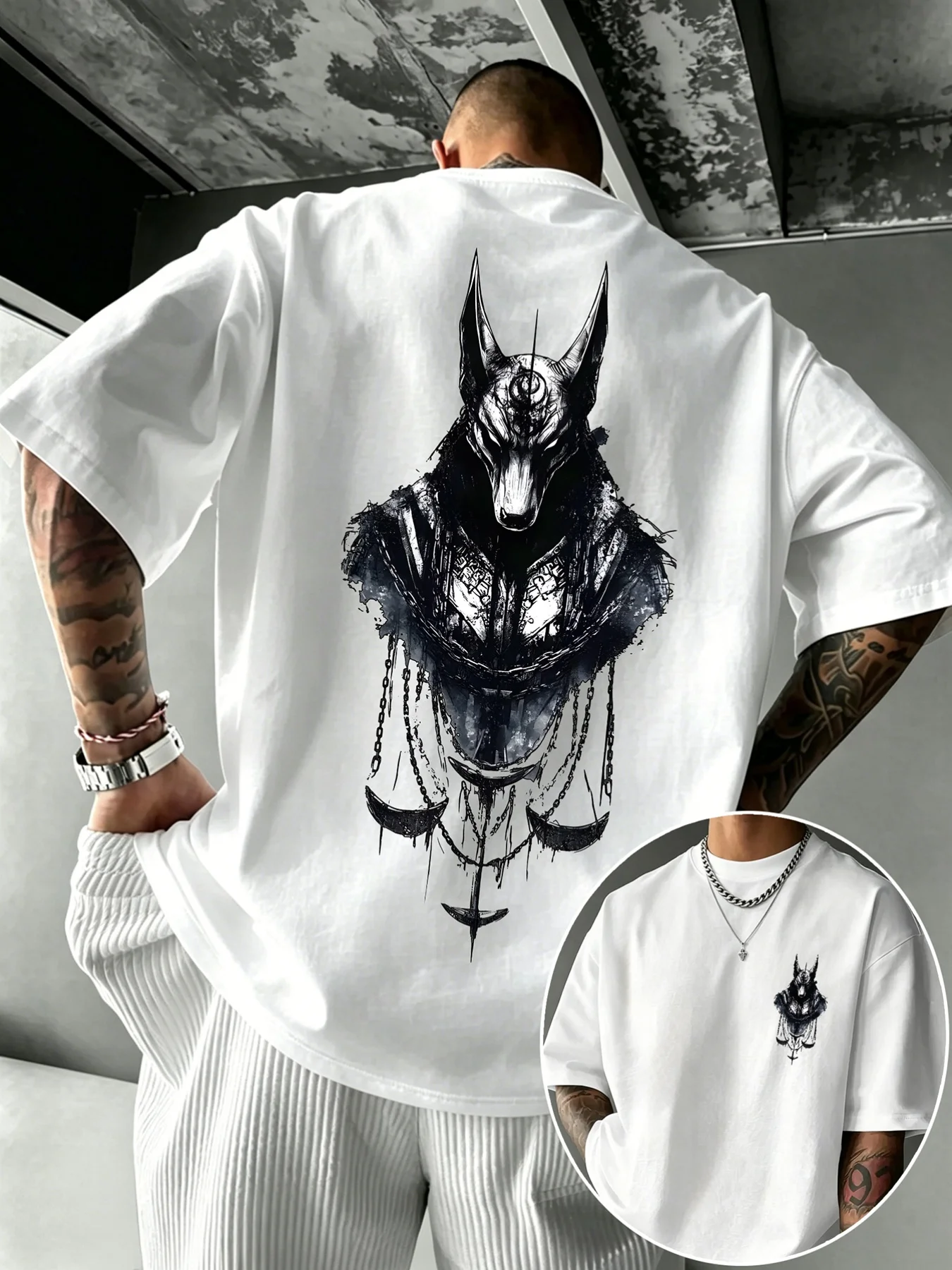 Egyptian Anubis Dark Gothic Graphic T‑Shirt, Front Chest Print Back Large Print, Men Women Casual Streetwear Short Sleeve Top