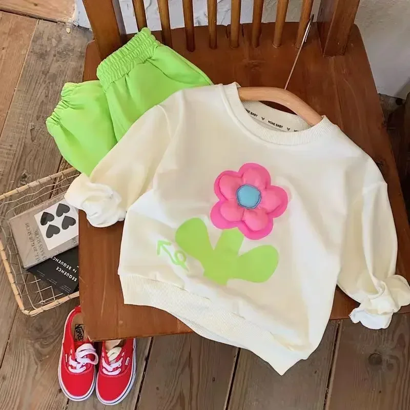 Survêtement deux pièces en coton trempé pour bébé fille, ensemble de vêtements de sport pour enfants, sweat-shirt à fleurs stéréoscopiques, haut et