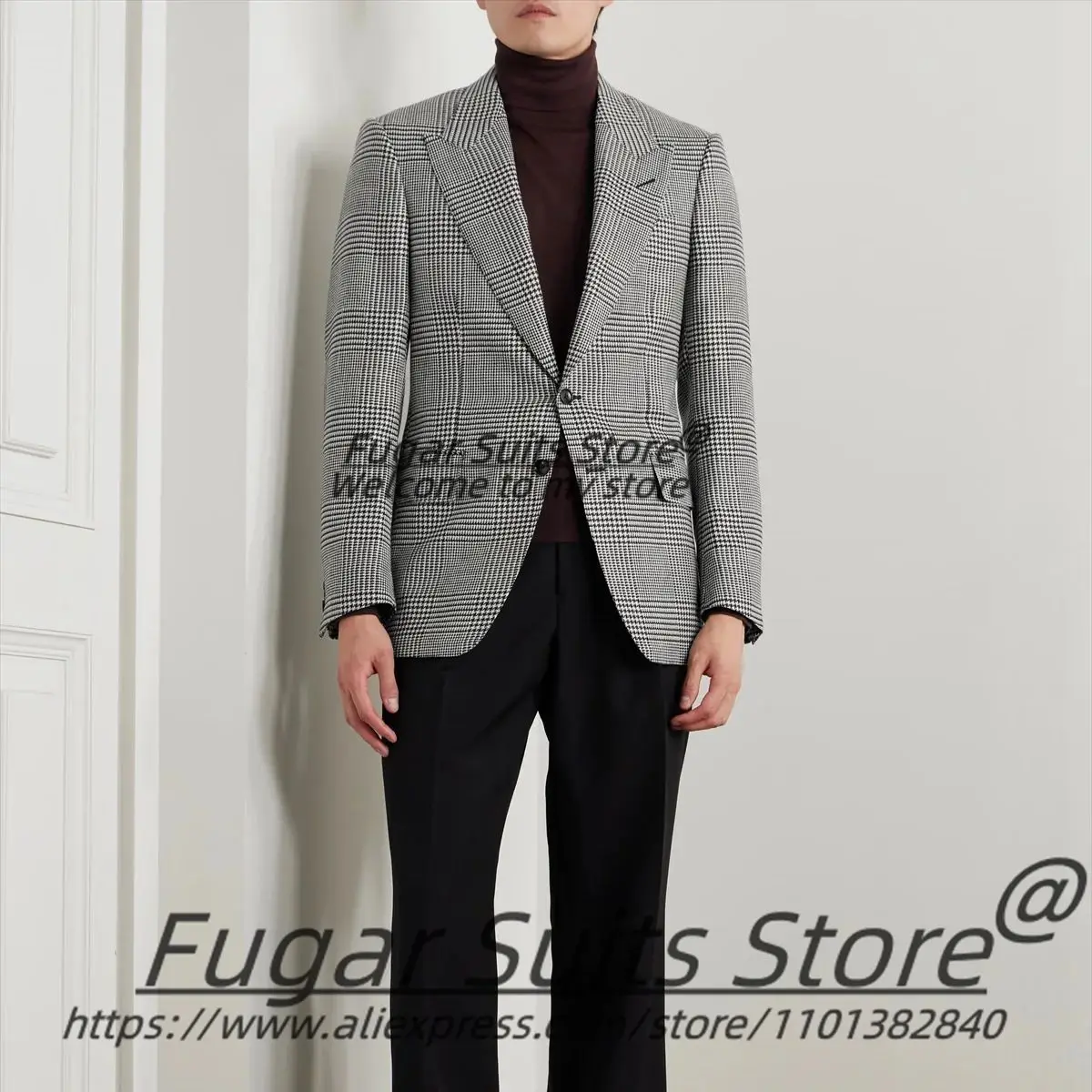 

French style Plaid Formal Men Suits Slim Fit Peak Lapel Groom Wedding Tuxedos 2 Pieces Sets Classic Male Blazers Ropa Hombre