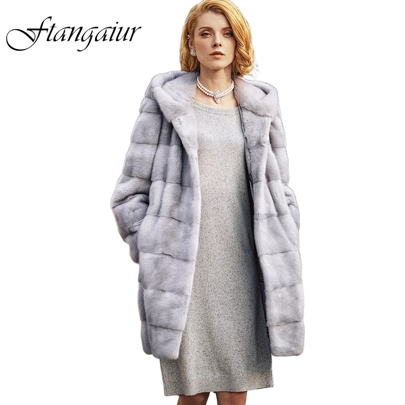 Futro z naturalnego futra norek z kapturem, długi rękaw, średniej długości, zimowy import, aksamit zimowy, futro z norek, płaszcz damski.