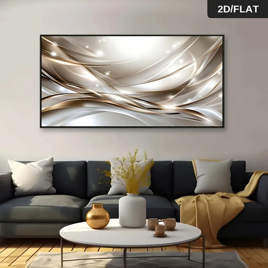 Frameless Modern Abstract Silver Ripple Wall arts Canvas - Contemporary Light Beige & White Design,  for Bedroom, Living Room, C