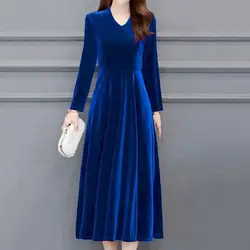 Velvet Vintage Women Maxi Dress OL Style Oversize Round Neck Long Sleeves Evening Dress 	Slim Fit Pleated Bodycon Prom Dress